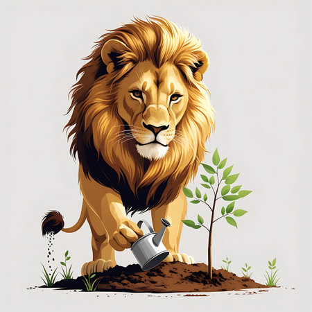 A lion stands on a white background, actively engaged in watering a young tree. The lion holds a metal watering can, tilting it to pour water onto the base of the sapling. The tree has green leaves and is planted in a mound of dark soil. Smaller green shoots are also visible in the soil. The lion's posture is upright and focused on the task. The image symbolizes growth, care for nature, and environmental stewardship.の素材