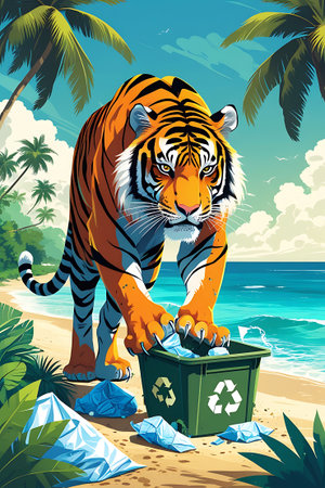 A close-up view of a tiger on a tropical beach, actively putting crumpled plastic into a green recycling bin. The ocean is a vibrant blue, and palm trees frame the scene. The sand is littered with plastic waste, and a recycling symbol is prominent. The tiger's focus on the task highlights the importance of environmental cleanup.の素材