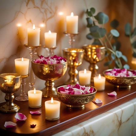 A close-up view of a spa setting featuring several lit white pillar candles on ornate golden candle holders. Bowls filled with pink rose petals are placed on a wooden surface and a marble countertop. Scattered rose petals and eucalyptus leaves add to the romantic and tranquil ambiance. The warm glow of the candles illuminates the scene.の素材