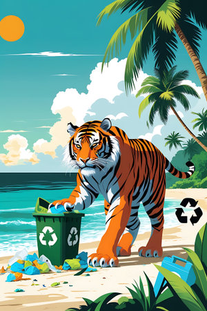 A majestic tiger stands on a sandy beach, placing plastic waste into a green recycling bin. Palm trees sway in the background under a bright sun and blue sky with fluffy clouds. The ocean waves gently lap the shore. Scattered trash and a recycling symbol are visible on the beach, emphasizing environmental awareness.の素材