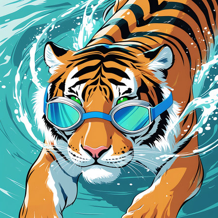 A stylized illustration of a tiger wearing blue swimming goggles with green lenses, swimming in turquoise water. Water splashes and droplets surround the tiger's head and paws, indicating movement and energy. The tiger has bright green eyes and its orange and black striped fur is clearly visible. The overall impression is playful and refreshing.の素材