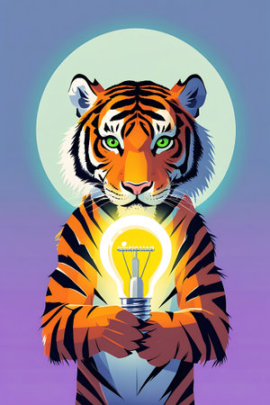 A striking illustration of a tiger with vibrant green eyes, holding a glowing incandescent light bulb in its paws. The light bulb emits a bright yellow light, symbolizing an idea or inspiration. The tiger is set against a gradient background of purple and blue, with a large, soft circular glow behind its head, resembling a halo or a moon. The tiger's orange and black stripes are bold and graphic.の素材