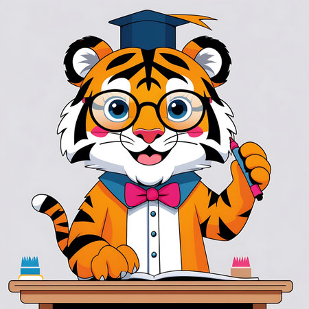 A cartoon tiger character dressed as a student sits at a wooden desk. The tiger wears a graduation cap, glasses, a white shirt, and a pink bow tie. It holds a blue and pink marker pen and has an open book in front of it. Two colorful pencil holders are on the desk.の素材