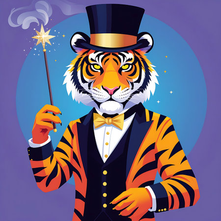 A stylized illustration of an anthropomorphic tiger dressed as a magician. The tiger wears a black top hat with a gold band, a black tuxedo with a gold bow tie, and a white shirt. It holds a magic wand in its right paw, from which emanates a glowing star and sparkling dust. The background is a gradient of purple with a large blue circle behind the tiger.の素材