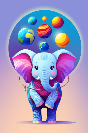 A charming, light blue cartoon elephant with pink and purple patterned skin stands centered against a soft gradient background. Its large ears are fanned out and also feature pink and purple stripes. The elephant has a playful expression with large, sparkling eyes and small tusks. A rope is tied around its chest. Above its head, a large blue circle frames a collection of colorful, stylized planets, including Earth, suggesting a cosmic or imaginative theme.の素材