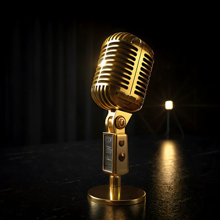 A gleaming vintage gold microphone stands on a dark stage. The microphone is angled slightly, showcasing its classic design with a ribbed grille and a detailed stand. A soft spotlight illuminates the microphone from the right, casting a warm glow and creating reflections on the polished floor. In the background, dark curtains are visible, and a faint light source adds depth to the scene.の素材