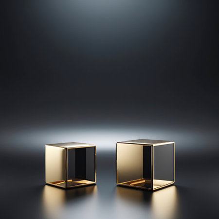 Two identical golden cubes are positioned on a dark, highly reflective surface. A soft spotlight illuminates the scene from above, creating a gradient of light and shadow on the background and casting reflections on the cubes and the surface. The cubes have a sleek, minimalist design with sharp edges and a polished metallic finish.の素材