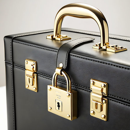 A close-up studio shot of a vintage black leather briefcase. The bag features a prominent golden padlock securing a leather strap. Two additional golden clasps are visible on the sides. The handle is also made of polished gold-colored metal. The textured leather and shiny hardware suggest a luxurious and classic design.の素材