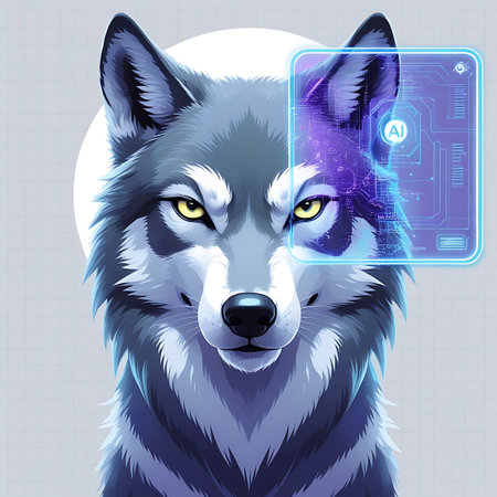 This image presents a close-up portrait of a wolf's face, characterized by its intense yellow eyes and detailed grey fur. A translucent, glowing augmented reality interface, displaying "AI" and intricate digital patterns, is superimposed over the wolf's right eye. The interface emits a cool blue and purple light, suggesting advanced technological integration and data processing.の素材