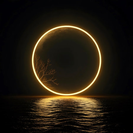 A bright yellow neon circle glows intensely against a dark, black background. The bottom of the circle is reflected on a rippling water surface, creating a sense of depth and atmosphere. A delicate, bare tree branch is subtly integrated within the left side of the glowing circle, adding an unexpected natural element to the abstract composition.の素材