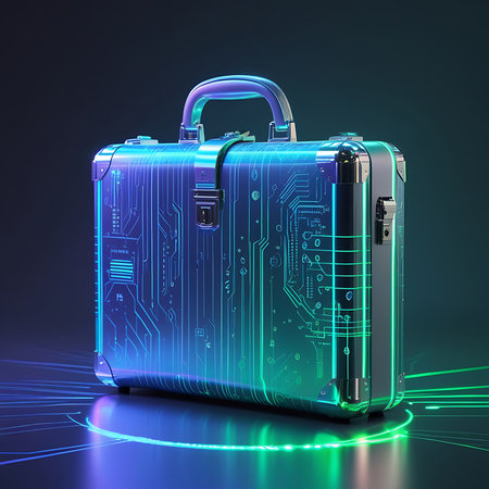 A metallic briefcase features a detailed circuit board pattern rendered in glowing blue and green neon lights. The edges of the briefcase and its chrome hardware, including the handle and latches, are sharply defined. The object rests on a dark, glossy surface that reflects the vibrant neon illumination.の素材