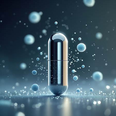 A close-up, detailed image of a transparent capsule with a metallic silver body, floating in a dark, softly lit environment. Small blue spheres and numerous glowing white and blue particles are scattered around the capsule, creating a bokeh effect and suggesting a scientific or medical theme.の素材
