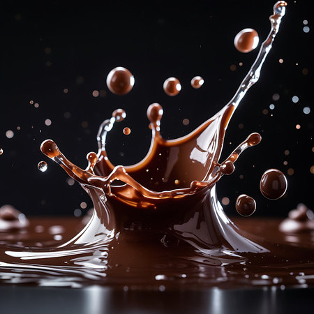 An intense and energetic splash of chocolate is captured in this high-speed photograph. The liquid erupts upwards, forming intricate shapes and sending numerous small droplets and splatters flying outwards against a dark backdrop. The glossy texture and deep brown color of the chocolate are emphasized by the dramatic lighting.の素材