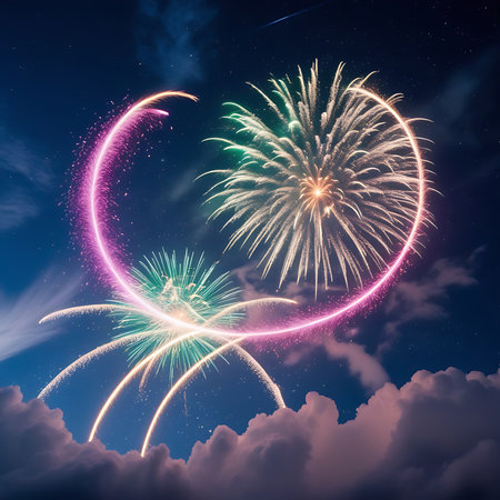 A dynamic fireworks display unfolds against a dark blue night sky, with a prominent pink and orange light trail forming a crescent moon shape. Several fireworks explode in bursts of green, yellow, and white, scattering sparks. Soft, pink-hued clouds are visible at the bottom of the frame, adding a sense of depth and atmosphere. The combination of the celestial light trail and the explosive fireworks creates a visually stunning and celebratory scene.の素材