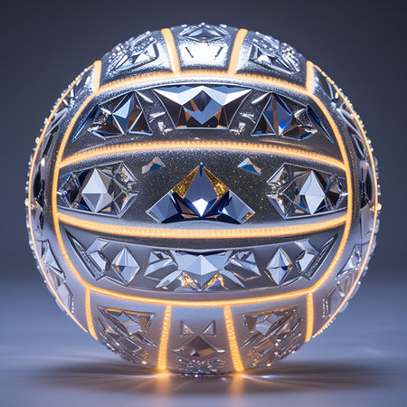A detailed, spherical object resembling a crystal ball is shown. It features a complex geometric pattern of faceted crystal shapes and bright golden bands that encircle the sphere. The object emits a warm, golden glow from within and reflects light, creating a dazzling effect against a dark gray background.の素材