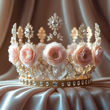 A detailed, close-up shot of a golden crown adorned with numerous sparkling diamonds and crystals. The crown is decorated with soft pink fabric roses and smaller blossoms, arranged intricately around its band and rising elements. It sits on a surface of draped, lustrous satin fabric, with a soft, warm light illuminating the scene.の素材