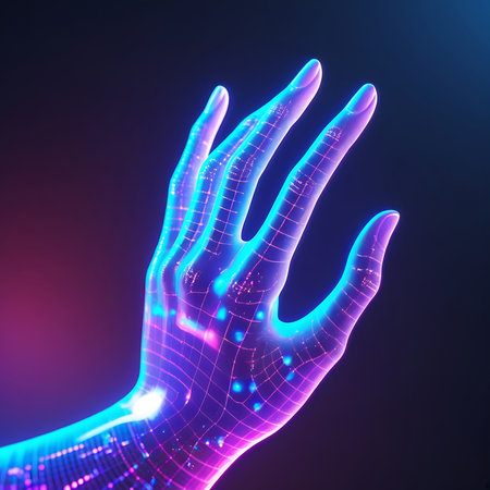 A close-up, side view of a translucent, futuristic human hand rendered as a neon wireframe. The hand is illuminated with vibrant blue and pink light, with a grid pattern and scattered digital dots visible within its structure. The background is dark, emphasizing the glowing elements of the hand.の素材
