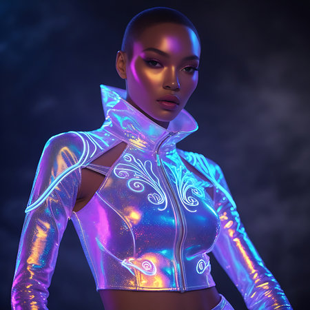 A portrait of a woman with a shaved head, wearing a futuristic, iridescent jacket. The jacket features glowing neon-like lines in white and has intricate swirling patterns. The material shimmers with purple, blue, and silver hues. Her makeup is dramatic, and she is set against a dark, smoky background with dramatic lighting that highlights the jacket's luminescence.の素材