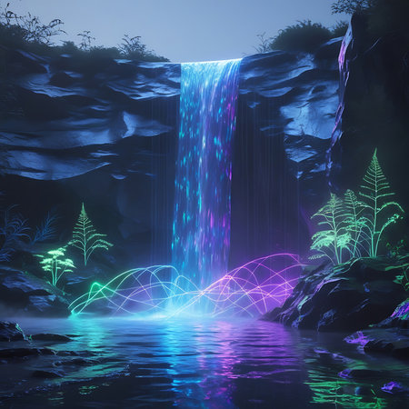 A dramatic waterfall plunges into a pool of water within a dark, rocky cavern. The water is infused with vibrant neon light, creating a shimmering, digital effect. A glowing, abstract geometric grid in purple and green hovers above the water's surface, suggesting a futuristic or technological element. Luminescent plants and branches with neon outlines emerge from the surrounding rocks, enhancing the otherworldly and science fiction ambiance of the scene.の素材