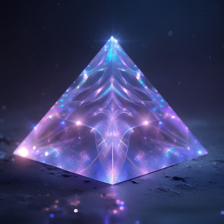 This image features a luminous crystal pyramid set against a dark, star-filled background reminiscent of deep space. The pyramid emits a soft, ethereal glow in hues of purple, blue, and pink, with intricate patterns of light swirling within its structure. The surface it rests on has a dark, textured appearance, enhancing the otherworldly and cosmic feel of the scene.の素材