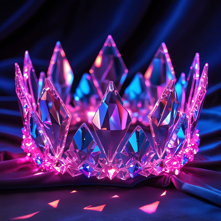 A striking crystal crown is presented against a dark, draped fabric. The crown is heavily faceted and catches vibrant pink and blue light, creating a dazzling display of reflections and highlights. The sharp, pointed elements of the crown are emphasized by the dramatic illumination, giving it a powerful and regal appearance.の素材