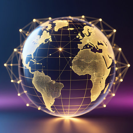 A glowing, transparent sphere representing Earth is surrounded by a network of interconnected golden nodes and lines. The continents are depicted with a golden grid pattern. The background transitions from dark blue to purple, with a bright light emanating from beneath the sphere.の素材