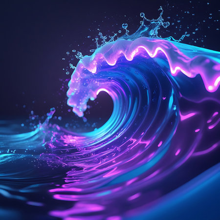 A dynamic wave crests and breaks, illuminated by vibrant neon light in shades of purple and blue. Water droplets and spray are captured in motion against a dark background. The liquid surface reflects the intense, glowing colors, creating a surreal and energetic visual effect that blends natural elements with futuristic aesthetics.の素材