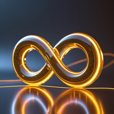 A luminous, golden infinity symbol rendered in 3D. The symbol glows with internal light and is surrounded by dynamic light streaks, suggesting motion and energy. It sits on a reflective surface, casting a bright, warm reflection. The background is dark and moody, making the golden symbol stand out prominently.の素材