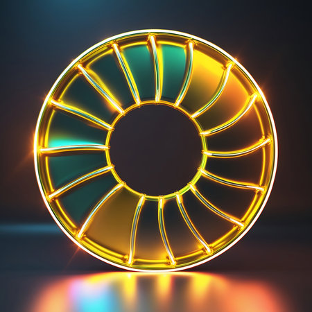 A gleaming golden ring with an intricate design of inner spokes is presented against a dark, subtly lit background. The metallic surface reflects vibrant teal and orange light, creating a sense of depth and energy. A thin, bright neon outline encircles the entire object, enhancing its futuristic and luminous appearance.の素材