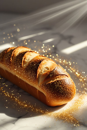 A close-up shot of a golden-brown loaf of bread with visible scoring marks on its crust. The bread is sprinkled with golden sparkles, creating a festive and magical effect. Sunlight rays stream down from the upper right, casting dramatic shadows and highlighting the texture of the bread and the marble surface it rests on. The background is softly blurred, emphasizing the loaf.の素材