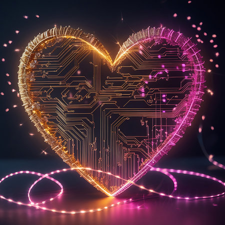 A heart-shaped silhouette formed by intricate circuit board pathways glows with vibrant pink and orange light. Tiny LED-like lights are embedded along the edges and within the circuitry, creating a futuristic and romantic aesthetic. A string of pink and orange lights coils around the base, adding to the luminous effect.の素材
