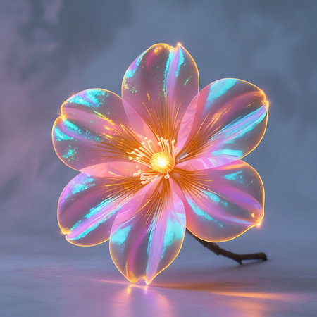 A single, ethereal flower with translucent, iridescent petals that shimmer with hues of pink, blue, and gold. The center of the flower glows with a bright, warm yellow light, emanating from its stamen. The delicate petals are outlined with a soft golden glow, and the flower is attached to a thin, dark stem. The background is a soft, hazy gradient of blue and grey, with subtle bokeh effects adding to the dreamlike atmosphere.の素材
