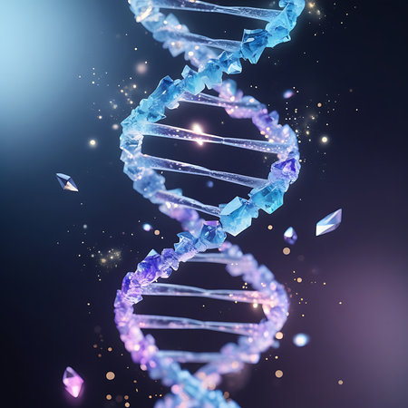 An artistic depiction of a DNA double helix, rendered with a crystalline texture in shades of blue, purple, and pink. The helix is illuminated from within, and small, faceted crystals float around it. A bokeh effect of golden lights adds to the ethereal and scientific atmosphere. The background is a dark, moody gradient.の素材