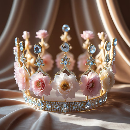 A close-up of an elaborate golden crown is presented on a surface of draped, smooth satin. The crown is encrusted with numerous sparkling diamonds and features prominent light blue faceted gems. Delicate pink and white fabric flowers, resembling roses and other blossoms, are artfully arranged as decorative elements. The lighting is soft and highlights the textures and sparkle.の素材