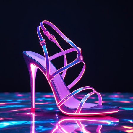 A single high-heeled sandal with thin straps is illuminated by vibrant neon lights in shades of pink, purple, and blue. The shoe has a slender stiletto heel and a pointed toe. It rests on a highly reflective surface that mirrors the neon glow, creating an abstract, watery effect. The background is dark, emphasizing the illuminated shoe and its striking, futuristic design.の素材