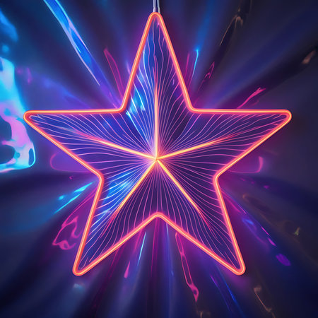 A five-pointed neon star with an orange outline glows brightly against a dark, abstract background. The star's interior is filled with thin, radiating pink and purple lines that create a sense of depth and energy. Streaks of blue and pink light emanate from behind the star, creating a dynamic and vibrant visual effect.の素材