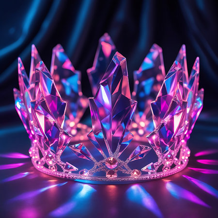 A detailed view of a crystal tiara, showcasing its intricate design and faceted surfaces. The tiara is illuminated with soft pink and blue light, creating a magical and ethereal glow. Small, delicate sparkles are visible throughout the crystal structure. The background is a dark, draped satin fabric, enhancing the luxurious feel.の素材