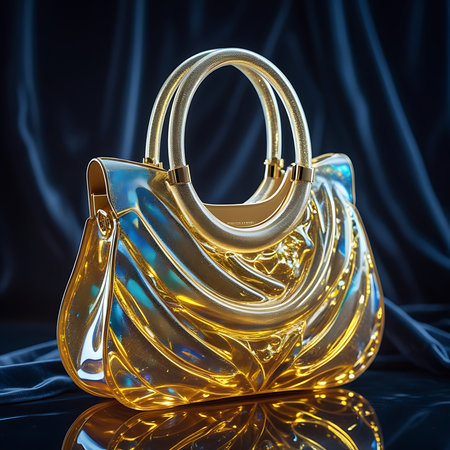 A luxurious golden handbag is presented against a dark, draped fabric background. The handbag features a highly reflective, swirling textured surface that catches the light, creating a dazzling effect. Its handles are also golden and smooth, complementing the overall opulent design. The image emphasizes the richness and elegance of the accessory.の素材