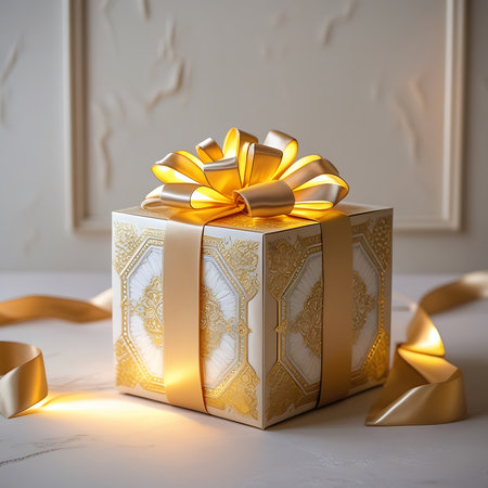 A square gift box featuring a detailed ornate pattern in gold against a white surface is presented with a flowing gold satin ribbon and a prominent bow. The ribbon is tied around the box, with its ends extending outwards. The lighting is dramatic, with a strong glow emanating from the ribbon and bow, creating a radiant effect. The background has a textured, embossed appearance, adding to the overall sense of elegance and festivity.の素材