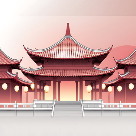 A symmetrical complex of traditional Chinese architecture is rendered in shades of pink and red. Multiple tiered roofs with curved eaves are prominent, and several white lanterns hang along a raised walkway. A set of stairs leads up to the central structure. The background features a soft gradient sky, suggesting dawn or dusk, and a subtle reflection of the buildings is visible on a smooth surface.の素材