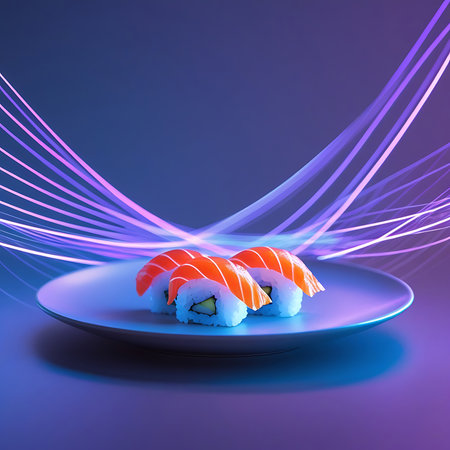Three pieces of salmon nigiri sushi are presented on a light-colored, circular plate. The salmon topping is a bright orange, and the rice is white, with visible cucumber inside the nigiri. The background is a gradient of deep blue and purple, overlaid with dynamic, swirling neon light streaks in pink and purple, creating a futuristic and artistic presentation.の素材