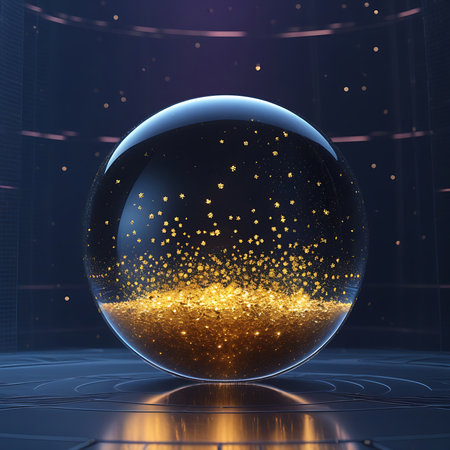 A clear, spherical object filled with shimmering golden glitter is presented in a dark, futuristic environment. The glitter is densely packed at the bottom and disperses upwards as smaller particles. The background has a dark, metallic texture with subtle circular patterns and soft pink lighting.の素材