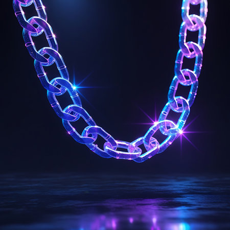 A detailed view of a holographic chain with interconnected links, emitting a vibrant neon glow in shades of blue and purple. The chain appears to be made of a translucent, shimmering material. Starburst light effects and reflections on a dark, wet surface enhance the futuristic and glamorous aesthetic.の素材