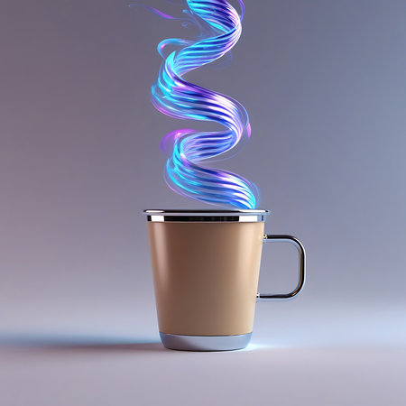 A tan ceramic coffee mug with a silver rim and handle sits on a white surface. Swirling, luminous vapor in shades of electric blue and vibrant purple rises from the mug, creating a dynamic, abstract energy trail against a soft gray background. The light emanates from the swirling vapor, casting subtle reflections.の素材