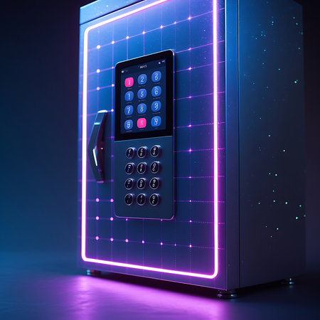 A tall, metallic digital safe is illuminated by a vibrant neon pink grid that outlines its front and sides. The front panel features a digital keypad and a touchscreen display. The background is dark, with subtle blue and purple lighting and scattered digital particles, emphasizing the advanced security and futuristic design of the safe.の素材