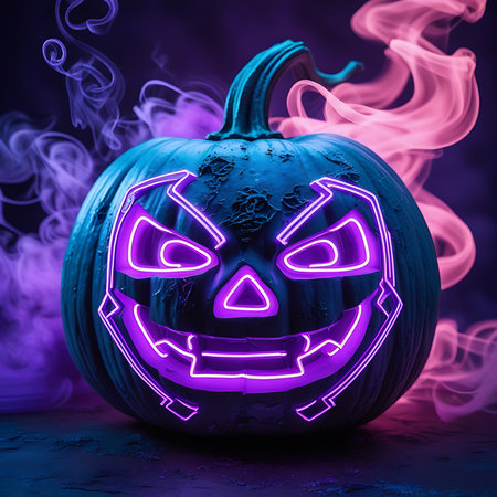 A dark teal Halloween pumpkin with a carved face illuminated by bright purple neon lights that mimic circuit board designs. Swirling tendrils of pink and purple smoke drift around the pumpkin, creating a vibrant and otherworldly atmosphere. The image blends traditional Halloween iconography with a futuristic, digital aesthetic.の素材