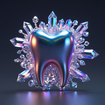 A metallic, iridescent tooth is centrally positioned and surrounded by a cluster of sharp, crystalline structures resembling ice or large gemstones. The crystals refract and reflect light, creating a dazzling display of blues, purples, and pinks. The tooth's surface also exhibits a metallic sheen with subtle color shifts. The background is a dark gradient, with soft light reflections on the surface below.の素材