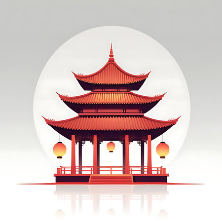 A vibrant red, multi-tiered Chinese pagoda is depicted in a stylized illustration. It features traditional curved eaves and is adorned with hanging orange lanterns. The pagoda stands on a platform with a reflective surface, creating a mirror image below. A large, soft white circle forms the backdrop, emphasizing the architectural details of the structure.の素材