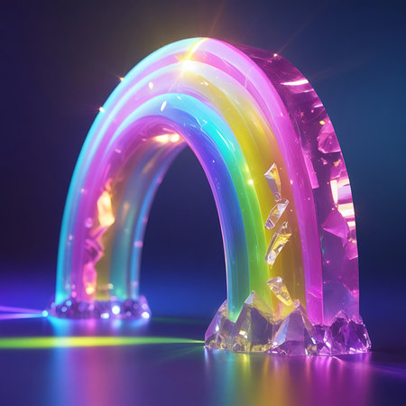 A translucent, crystal rainbow arch stands on a reflective surface. The arch displays a full spectrum of vibrant colors, with light rays emanating from it. The crystal structure is detailed, with sharp edges and internal reflections, creating a magical and ethereal appearance.の素材
