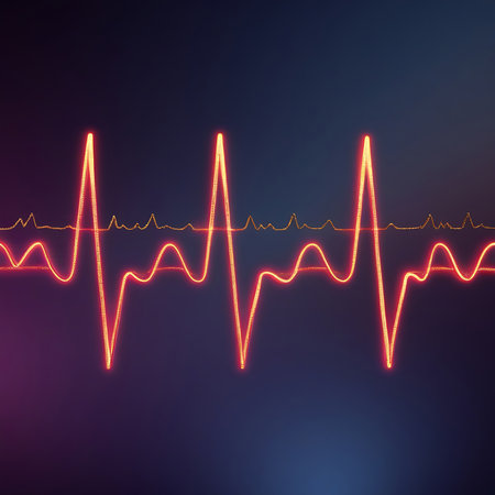 A close-up view of a vibrant red neon heartbeat waveform, accented with subtle yellow sparkles and a faint underlying yellow line. The ECG-like signal is displayed against a dark, moody background with a reflective surface. The image evokes themes of health, life, and medical technology with its luminous and energetic presentation.の素材